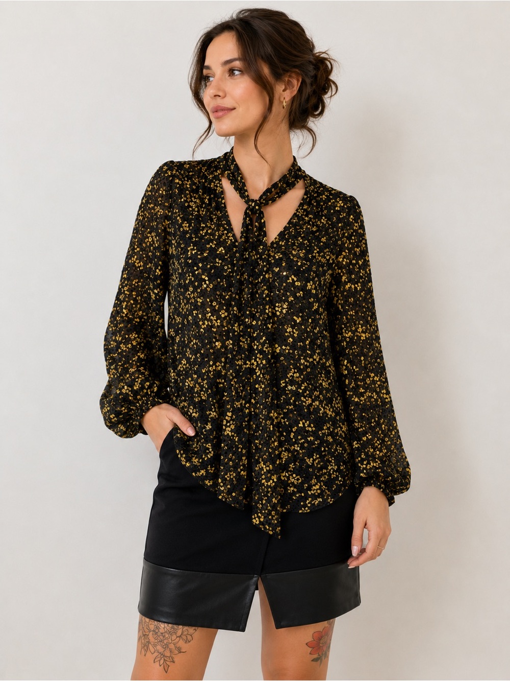 Ramy Brook New York Black & Gold Floral Tie Neck Blouse